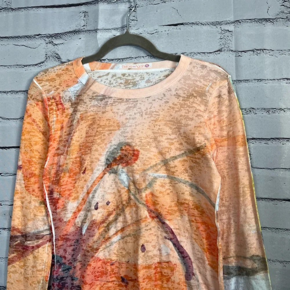 Before + Again Orange Red Graphic Long Sleeve Crew Shirt True to Size Women’s S - Picture 5 of 15